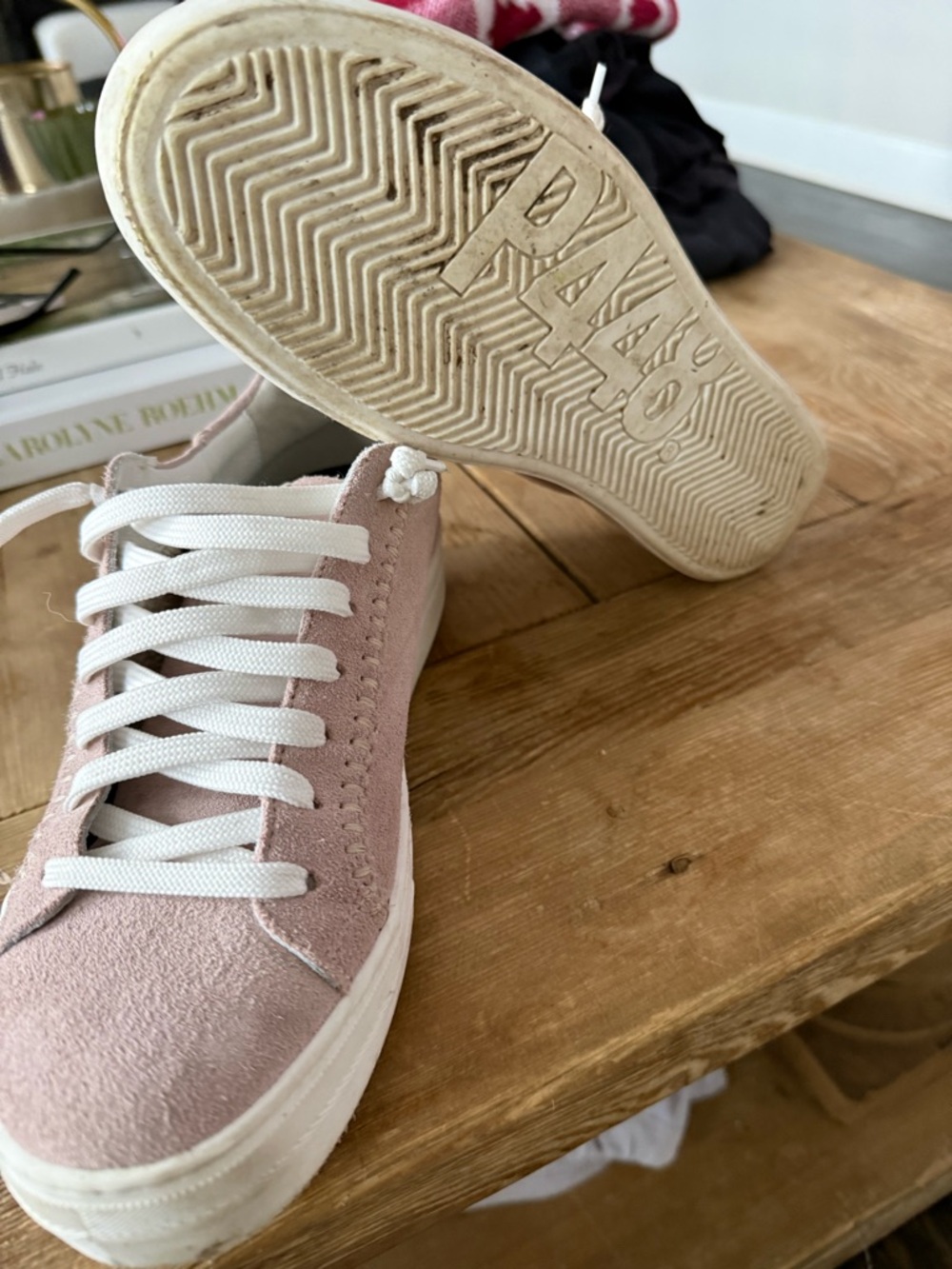P448 Women's Pale Pink Suede Low-Top Sneakers with White Laces - Picture 4 of 5